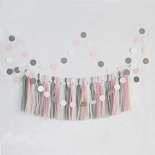 Gray Pink White Tassel Garland with Circle Dots Garland for Wedding Engagement Baby Shower Birthday Bachelorette Party Decorations