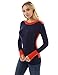 PattyBoutik Women Boat Neck Drop Shoulder Sweater (Navy Blue and Tangelo Medium)