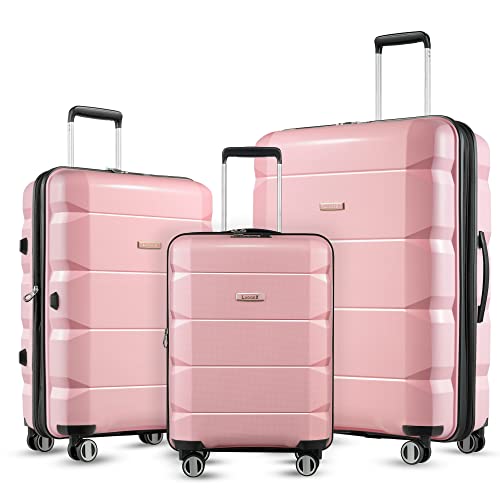 LUGGEX Expandable Carry On Luggage Sets 3 Piece - PP Hard Sided Luggage with Spinner Wheels - Travel Suitcase with TSA Lock, Lightweight (Pink Suitcase)