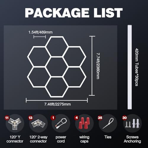 LED 7-Hexagon Honeycomb Garage Lamp, 240W 6500K Deformable LED Ceiling Light Dly Hexagon Garage Light for Workshop, Warehouse, Basement, Gym