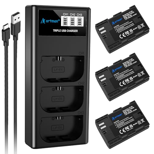 Artman LP-E6N LP-E6 Batería 3-Pack 2750mAh y Cargador LCD de 3 Ranuras para Canon EOS R R5 R6 R7 R5 C, R6 Mark II, EOS 5D Mark II III IV, 5D SR, 6D Mark II 7D Mark II, 6D 7D 90D 80D 70D 60D, XC10 XC15