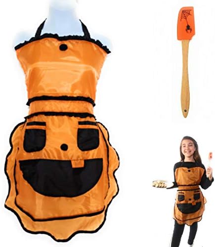 Girl's Halloween Apron and Silicone Spatula Set - Fun Pumpkin Matching a Friendly Spider Ideal to Cook, Bake, School Crafts, Harvest Fest or to Carve. Orange/Black Kids Size 8-14 yrs.