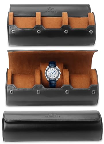 KOSMCCO Watch Roll Travel Case - Leather Watch Roll 3 Watch Travel Case, Storage Organizer and Display Case (Classic Black)