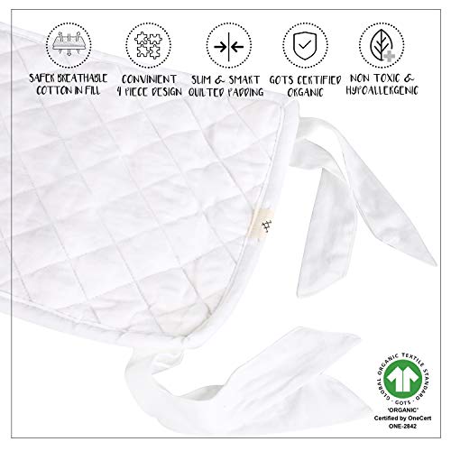 MakeMake Organics Organic Crib Bumper Pad GOTS Certified Organic Cotton Crib Bumper Pads Breathable Cotton Quilted Thinner Safe Hypoallergenic 4 PC Set Standard Crib Liner Boys Girls (160"x10", White)
