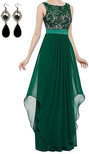 Sitengle Elegant Women Sleeveless V-Back Lace Patchwork Chiffon Long Dress Formal Banquet Evening Wedding Party Prom Dresses (M, Green)
