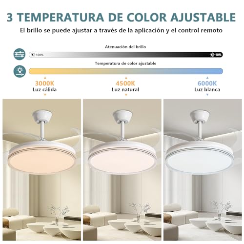 Megaluz F2016-42 Ventilador de Techo Retráctiles de 42 Pulgadas Abanico de Techo con Luz LED, 3000K-6500K Luz Amarilla Cálida a Luz Blanca Fría, Control Remoto y App, 6 Velocidades