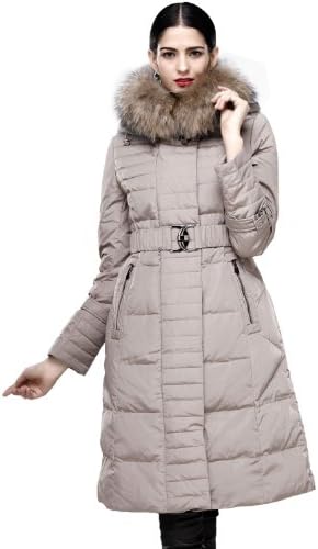 Maxchic Women's Raccoon Fur Collar Hooded Long Down Coat with Belt D10326Y13M