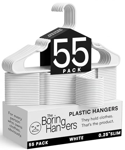The Boring Hangers White Plastic Hangers 55 Pack - 10 lb Heavy Duty Plastic Clothes Hangers for Closet - 0.25" Thin, Slim & Space Saving White Coat Hangers for Shirts, Dresses, Jackets, Pants