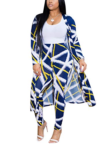 Women's Two Piece Pants Set - Sexy Long Sleeve Open Front Cardigans+ Skinny Pants Suits Blue Small