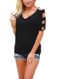 HOTAPEI Women's V Neck T Shirts Casual Loose Cold Shouler Tops and Blouses Black Large