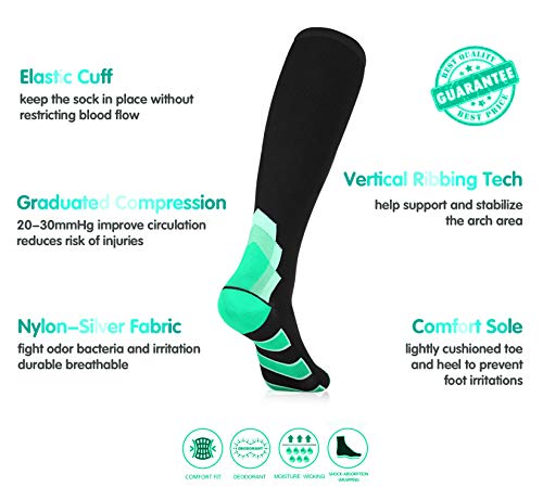 SUGUE Compression Socks (1 Pair) for Women & Men 20-30 mmHg - Best Graduated Athletic Fit for Running, Flight, Nurses, Maternity, Pregnancy - Shin Splints (Green & Arrow, L/XL) - Thumbnail 3