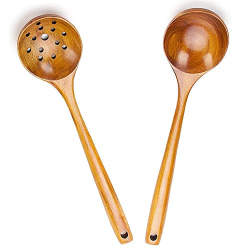 14 inch Large Wood Cooking Spoon Set of 2 Handmade Wooden Slotted Spoon with Holes & Best Wood Ladle Spoon for Cooking Long Handle Spoons Big Soup Ladles Wooden Deep Serving Spoons