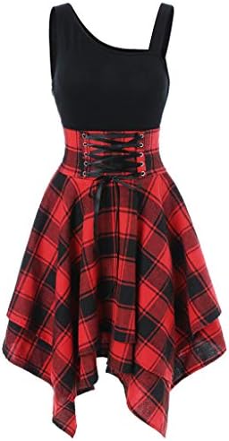 Plaid Mini Dress for Women Ladies Tartan Print Irregular Retro Loose Swing Dress High Waist Cocktail Party Lace Up Asymmetrical Hem Skirt Dress