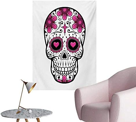 zhaoxuefa Sugar Skull Photographic Wallpaper Flowers and Hearts Swirls Cruciform Gothic Cultural Celebration DayHot Pink Black White W32 xL48 Space Poster
