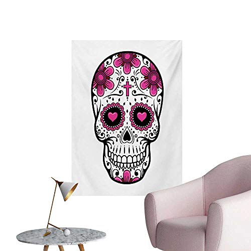 zhaoxuefa Sugar Skull Photographic Wallpaper Flowers and Hearts Swirls Cruciform Gothic Cultural Celebration DayHot Pink Black White W32 xL48 Space Poster