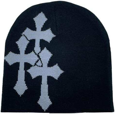 Fashion Knit Beanie with Cross Pattern Y2K Unisex Soft Jacquard