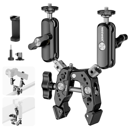 NEEWER Heavy Duty Super Clamp with Two 360° Dual Ball Head Magic Arms, 1/4 3/8 Screw Threads, Phone & Action Camera Mount Adapter for Flat/Round Surface Compatible with GoPro DJI Insta360 DSLR