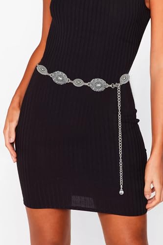 WAYLIT Western-Concho-Belt-Women Cowgirl-Metal-Belts Boho Silver Vintage Turquoise Chain Belt for Dress Jeans