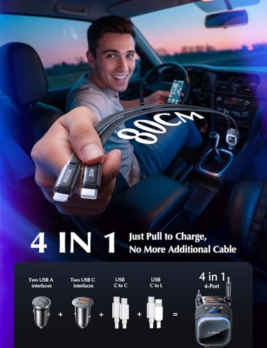 LISEN Bluetooth 5.3 FM Transmitter Car Adapter 96W Retractable Car Charger [HiFi Bass Sound] [PD36W Fast Charging] Wireless Radio Music Adapter LED Display Hands-Free Calling U Disk MP3 Music Player