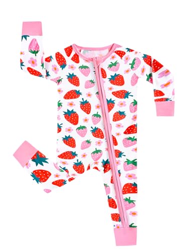 MOSSRIVER Bamboo Viscose Baby Boys Girls Long Sleeve Romper, Cute Prints Zipper Footless Jumpsuit, Baby Toddler One-Piece Outfits (Strawberry White, 18-24 Months) at Amazon