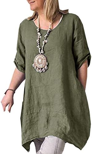 Pibilu Womens Casual Tunic Tops Half Sleeve Round Collar Cotton Linen Loose Blouse Tops