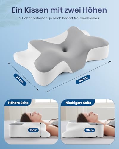DONAMA Memory Foam Nackenkissen Ergonomisch, Kopfkissen mit Armauflage & Zwei Höhen, Kühlend & Atmungsaktiv, 6-Zonen-Kontur, Nackenstützung für alle Schlafpositionen