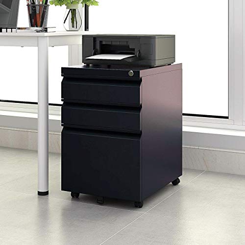 image for INTERGREAT Black 3 Drawer Filing Cabinet with Lock 26 Inch Metal File 