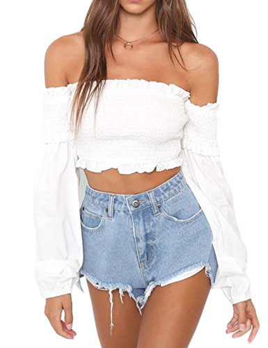Women's Casual Long Sleeve Crop Tops Off Shoulder Blouse Shirts Girls Pleated Bandeau Tube Tops M White
