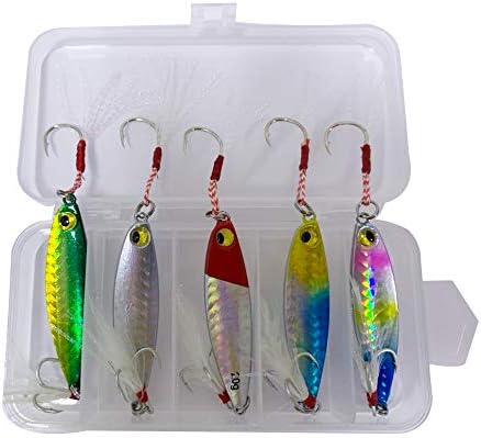 redgirlxx 5pcs/Box 5 Color 0.25oz-1.06oz Jigs Fishing Lures with Assist Hook and Treble Hook Sinking Metal Long Casting Spoons Jigging Bait Lures Kit