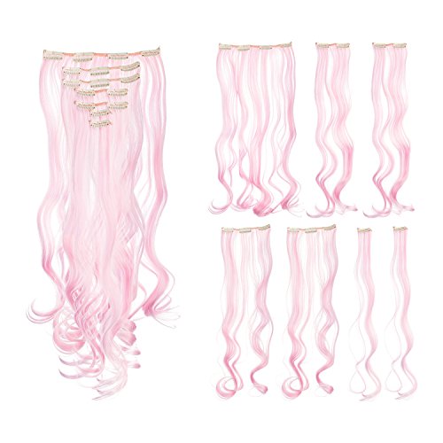 SWACC 7 Pcs Full Head Party Highlights Clip on in Hair Extensions Colored Hair Streak Synthetic Hairpieces (20-Inch Curly, Pink)