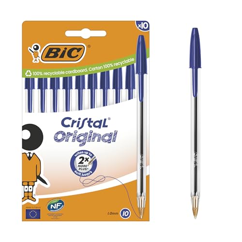 Cristal Original Stylos-Bille Pointe Moyenne (1,0 mm) - Parfait pour l'Ecole et au Bureau - Bleu, Boîte carton de 10