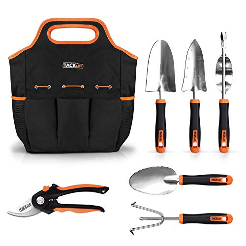 TACKLIFE 6 Piece Stainless Steel Heavy Duty Garden Tools Set, with Non-slip Rubber Grip, Storage Tote Bag, Outdoor Hand Tools, Garden Gift, Black and Orange | GGT4A