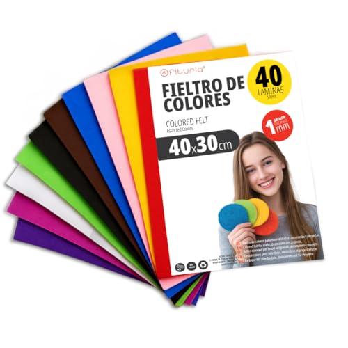OFITURIA Felt for DIY Crafts, Soft and Flexible Coloured Fabric Sheets for Sewing, Patchwork, School Projects, Textile Art and Decoration 40 x 30 cm (Assorted, 40 Pcs)