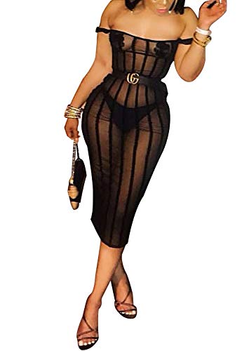 Women Sexy Strapless Dress - Off Shoulder Sheer Mesh Bodycon Party Club Outfit Night Wear Black XL