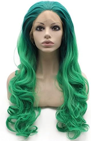 Iewig Long Wavy Synthetic Lace Front Ombre Two Tone Green Wig Heat Resistant