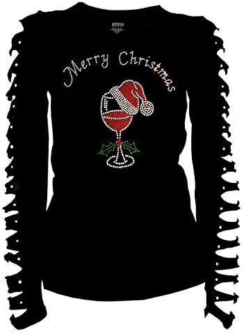 Fashion2ne1 Merry Christmas Bling Santa Hat & Wine Glass Rhinestone T-Shirt Ripped Cut Out Ln
