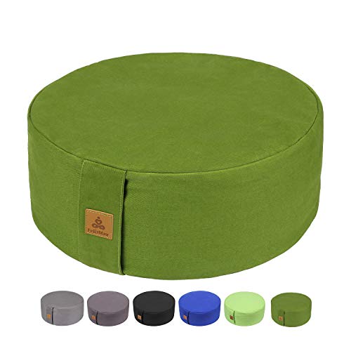 Zafu Buckwheat Meditation Cushion, Round zabuton Meditation Pillow, Yoga Bolster, Floor Pouf, Zippered Organic Cotton Cover, Machine Washable – 4 Colors and large small Sizes (Dark Green, 16″x16″x5″)