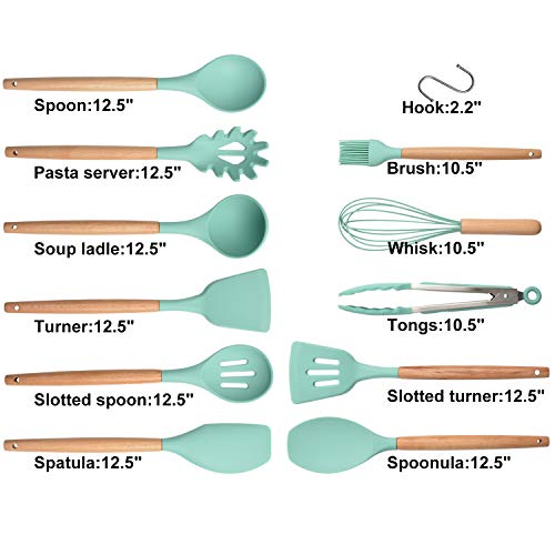 Silicone Kitchen Utensil Set, Cooking Spatulas Soup Ladle Slotted Spoon Turner Pasta Server Basting Brush Tongs Whisk Wooden Handle Heat Resistant Cookware Non-Stick Kitchen Gadgets Tools 12 Pcs