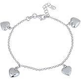 Vanbelle Sterling Silver Jewelry - Rhodium Plated with 925 Stamp - Dangling Puffed Heart Charm Bracelet - Elegant handcrafted for Women - 6.5" long + 1" extender