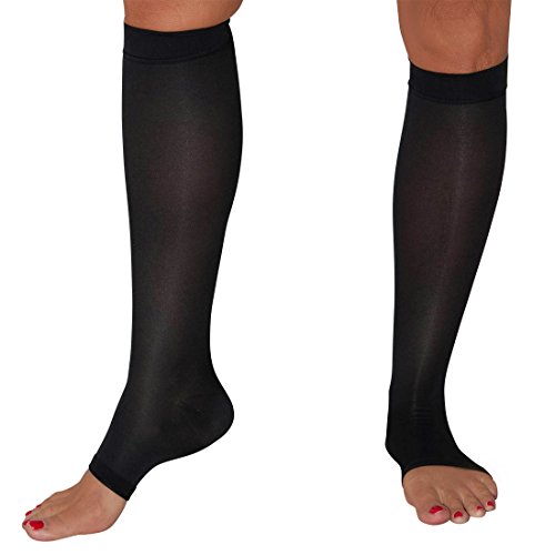 Maternity Compression Stockings – Open-Toe – Graduated Compression Knee High Stockings (Small, Black)