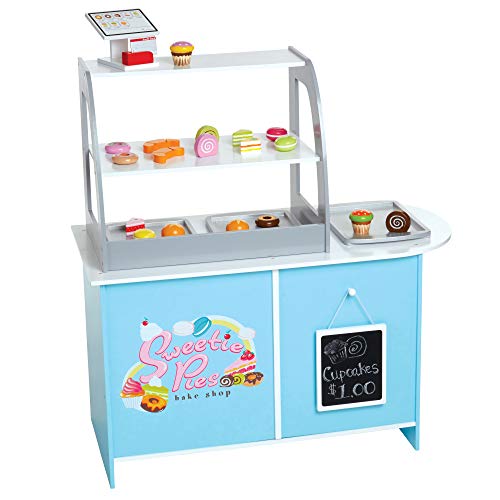 Wooden Bakery Playset Pretend Stand for Kids - 25 Piece Bake Shop Counter w Food, Chalkboard, Cash Register, Trays - Durable Construction for Creative Playtime
