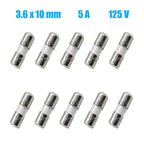SIXQJZML 10 Pack F5AL Fast-Blow Mini Fuse 5A 5amp 125V Glass Fuses 0.14 x 0.39 inch / 3.6 x 10 mm (125Volt) (F5A)