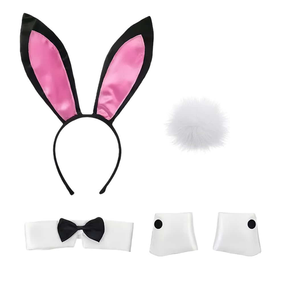 ZPSOSPZ Bunny Costume Set,Rabbit Ears Costume Set,Theatrical Dress Up Ensemble,Soft Bunny Outfit For Easter Party Accessories,With Tail And Collar, Bright Party Outfits Black Attire,5pcs
