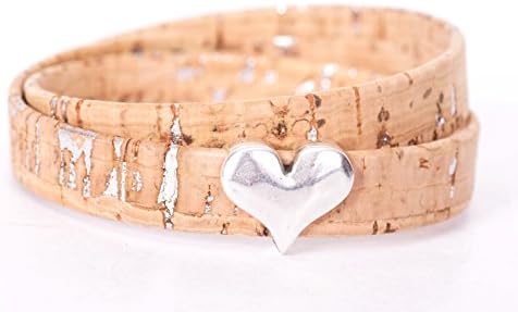 Silver Heart and Natural Cork w/ Silver Specks Double Wrap Bracelet