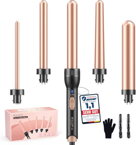 BESTOPE MIX Lockenstab, 5 in 1 Keramik Lockenstab Set mit Verschiedenen Aufsätzen für Große und Kleine Locken, 9-32mm Schnellaufheizung 2 Einstellbare Temperatu