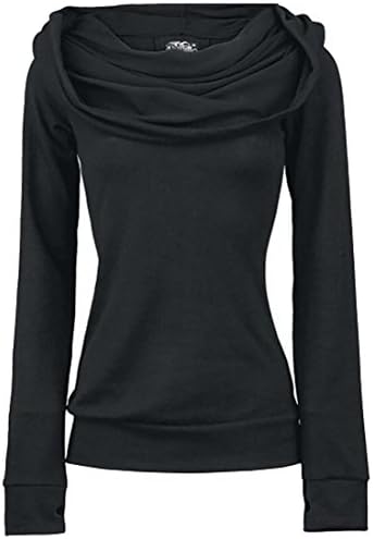 lovever Womens Fashion Long Sleeves Cowl Neck Back Lace Up Bandage Solid Color Hooded Sweatshirt Black S