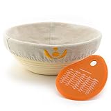 Banneton Bread Proofing Basket, Sourdough Brotform Natural Rattan Basket for Bread Baking - Includes Cloth Liner & Premium Silicone Dough Scraper with Measurement Conversions – 9 inch, Cozyful Kitchen
