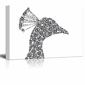 Proud I - Peacock and Eyespots Silhouette - Black and White Exclusive Artwork - Quirky Fun Design - Canvas Art Home Art - 12x18 inches