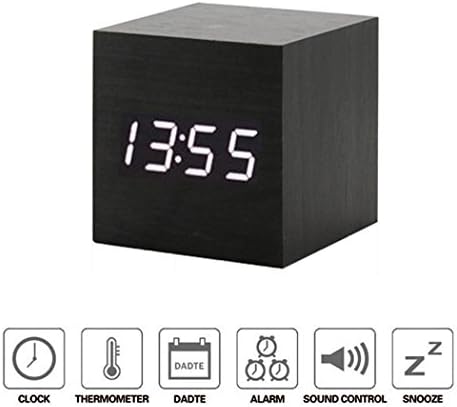 DB.WOR Sound Control Electronic Alarm Clock Mini LED Light Temperature Display Portable Digital Travel Clocks Healthy and Fashionable for Home and Office, Black Wood Plus White Light