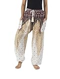 Lannaclothesdesign Women's Peacock Pants Drawstring Tassel Thai Boho Pants Regular White